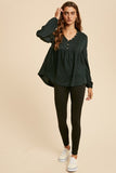 Babydoll Henley in Black and Hunter Green