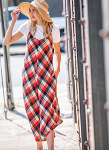 Plaid Wide Leg Jumper in Red and Olive